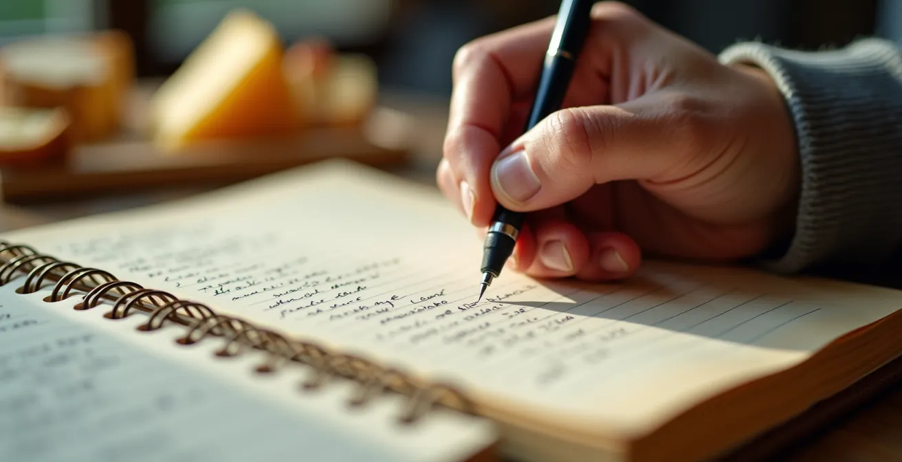 Nahaufnahme von Händen, die in ein Degustationstagebuch schreiben, während verschiedene Kostproben auf dem Tisch liegen.