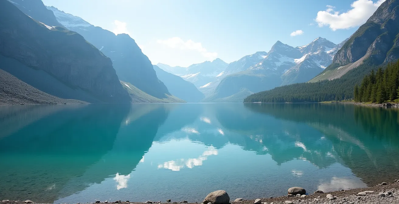 Kristallklarer Alpensee umgeben von schneebedeckten Bergen bei Sonnenaufgang