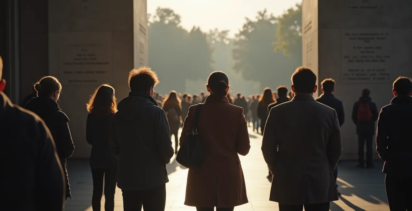 Besucher in stiller Kontemplation vor einer Gedenktafel, respektvolle Distanz wahrend