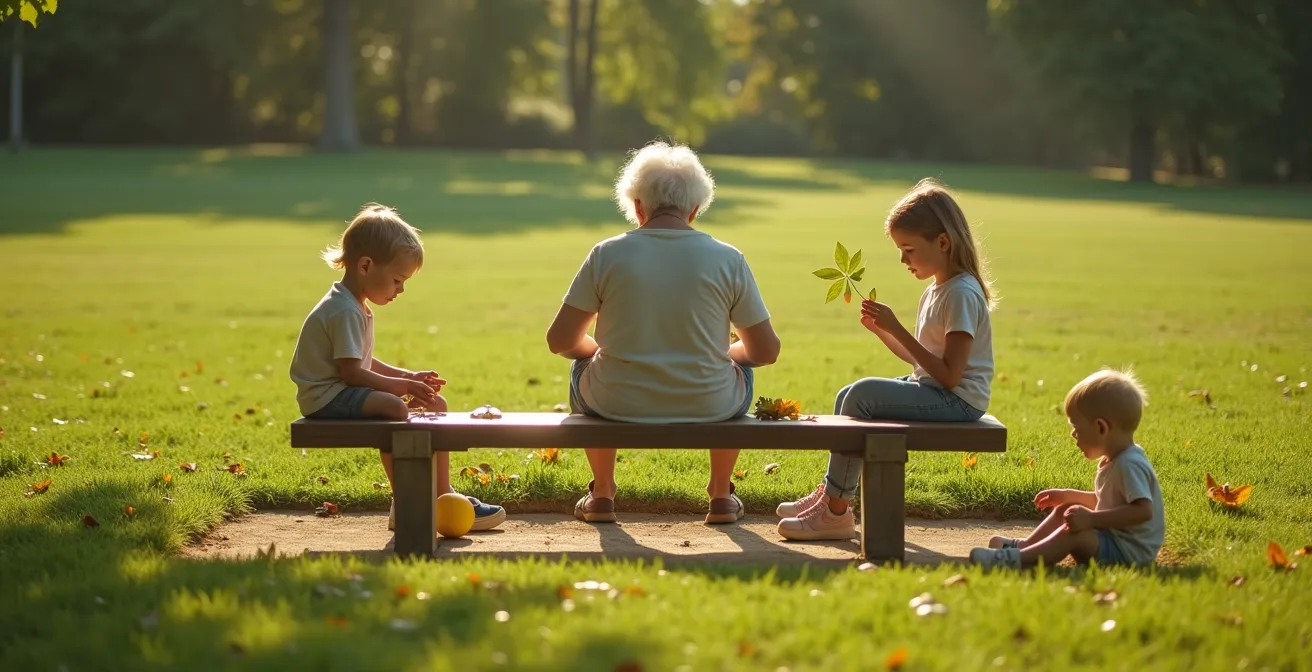 Großmutter sitzt auf Parkbank während Enkelkinder um sie herum spielen