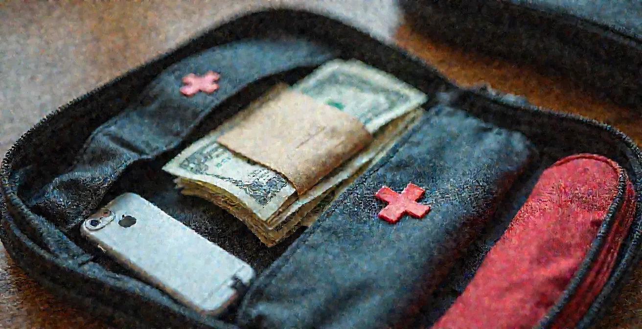 Offener Notfallkoffer mit Reisedokumenten und Erste-Hilfe-Material