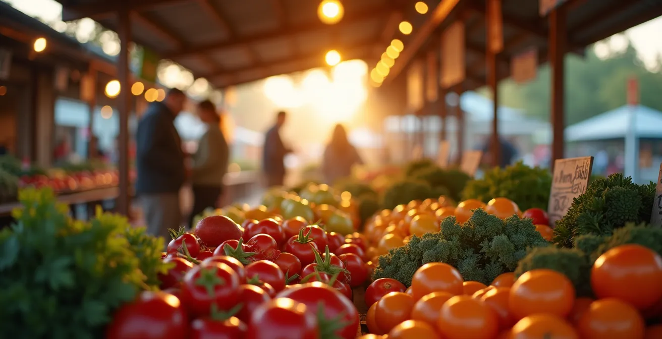Weitwinkelaufnahme eines traditionellen Bauernmarktes mit regionalen Produkten und Verkäuferinteraktionen
