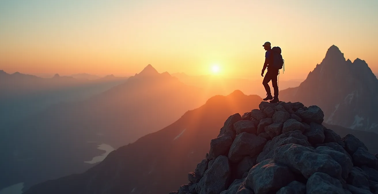 Bergsteiger auf einem Gipfel bei Sonnenuntergang mit weiter Bergpanorama-Aussicht