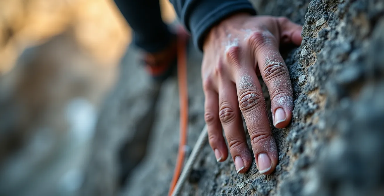 Detailaufnahme von Händen am Fels beim technischen Klettertraining