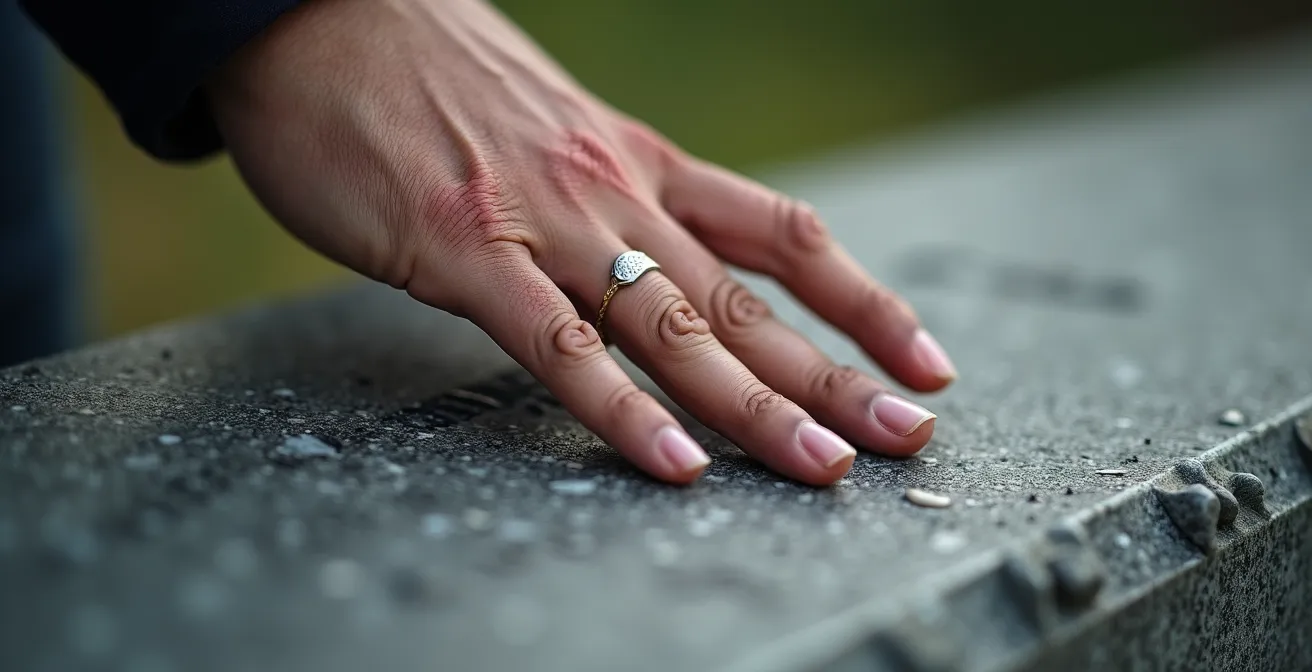 Nahaufnahme einer Hand, die ehrfürchtig die Textur eines Denkmals berührt