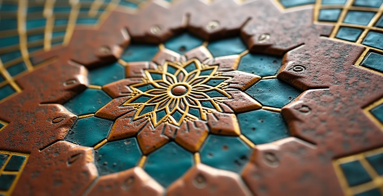 Makroaufnahme maurischer Architekturdetails mit geometrischen Mustern, die den Fokus auf Tiefe statt Breite symbolisiert.