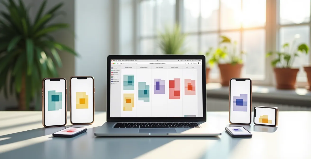 Laptop-Bildschirm mit Kalender und verschiedene Smartphones auf einem Tisch
