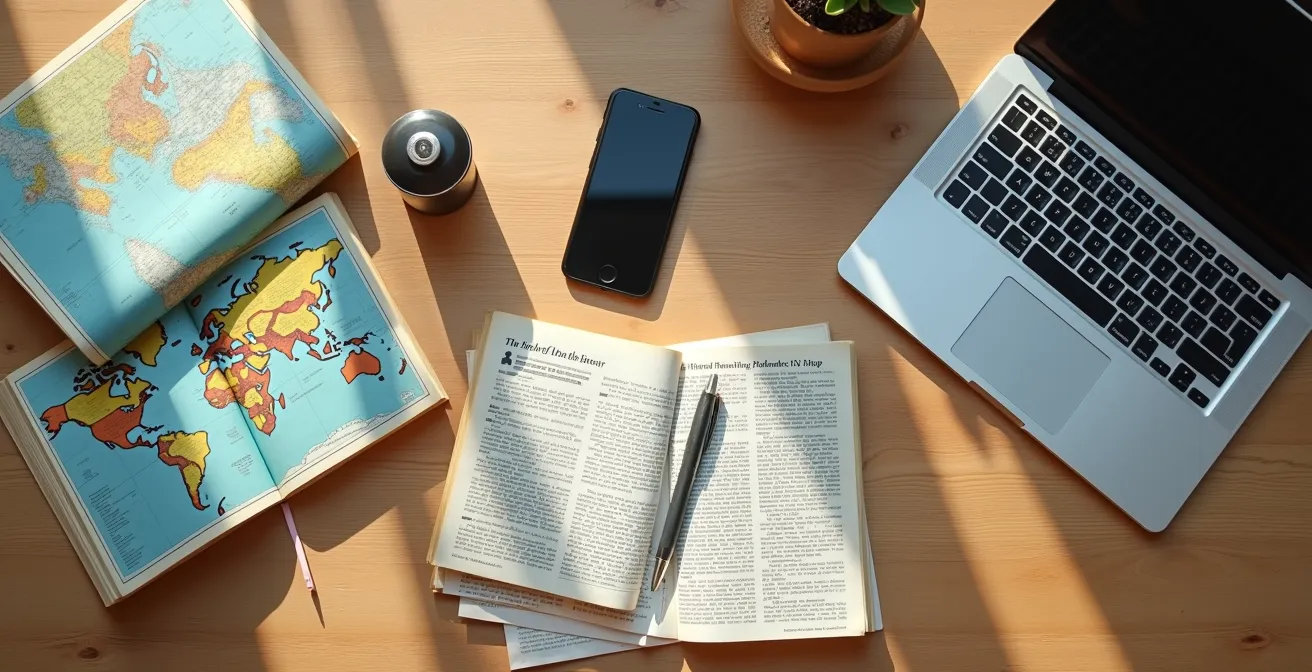 Ein Reisender, der seine Lektüre strategisch in drei Phasen plant: vor, während und nach der Reise, dargestellt durch verschiedene Bücher und Medien.