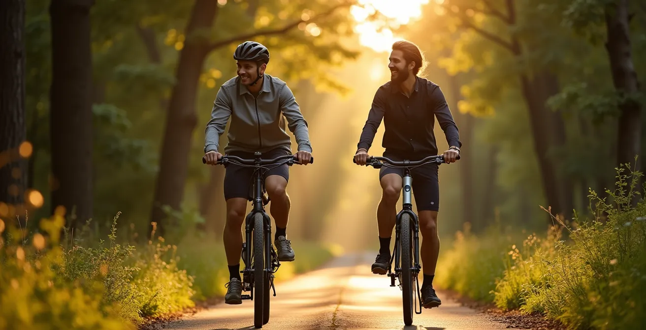 Zwei Radfahrer nebeneinander auf Waldweg, einer mit E-Bike, einer mit klassischem Fahrrad