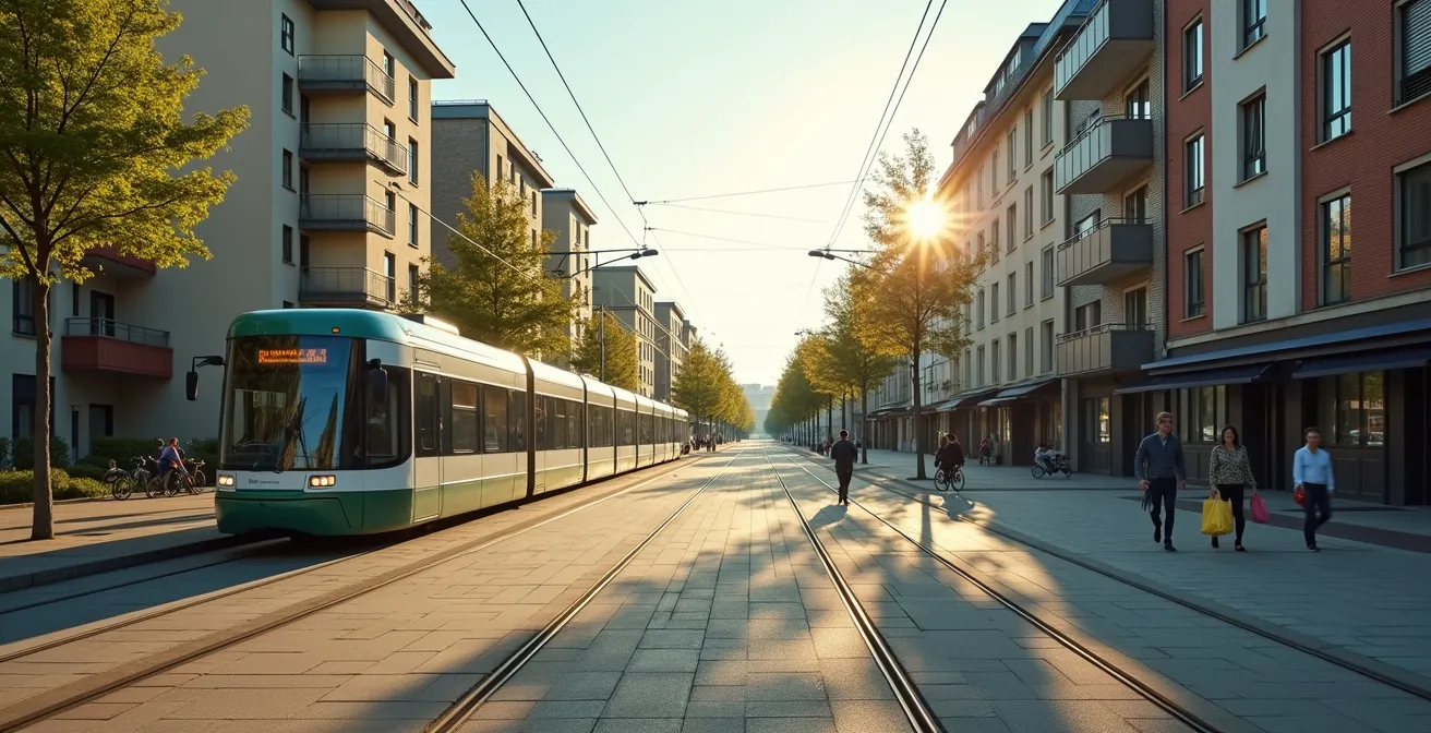 Weitwinkelaufnahme einer ruhigen Straßenbahn-Endhaltestelle am Stadtrand mit lokalem Leben