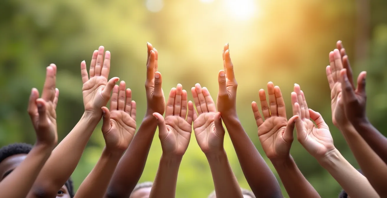 Gruppe von Menschen bei demokratischer Abstimmung mit erhobenen Händen