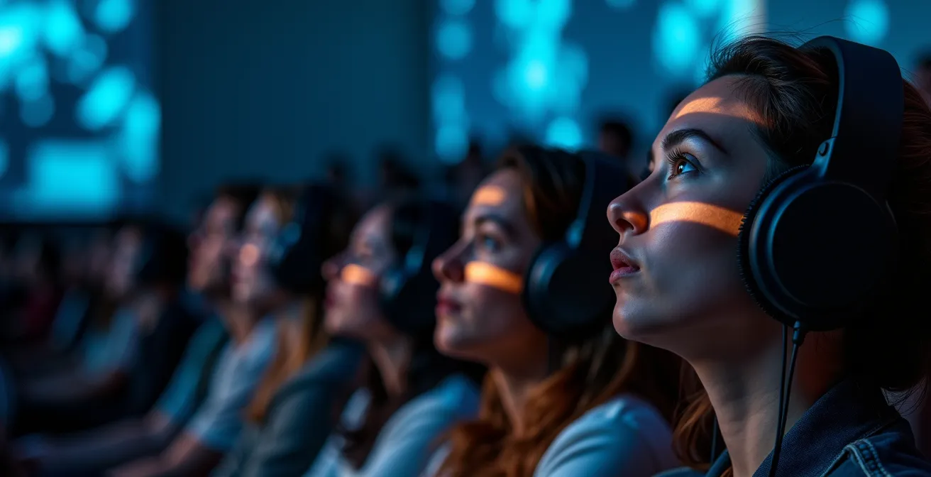 Nahaufnahme von Theaterzuschauern mit VR-Brillen in einem immersiven Theaterraum, umgeben von projizierten Lichtmustern