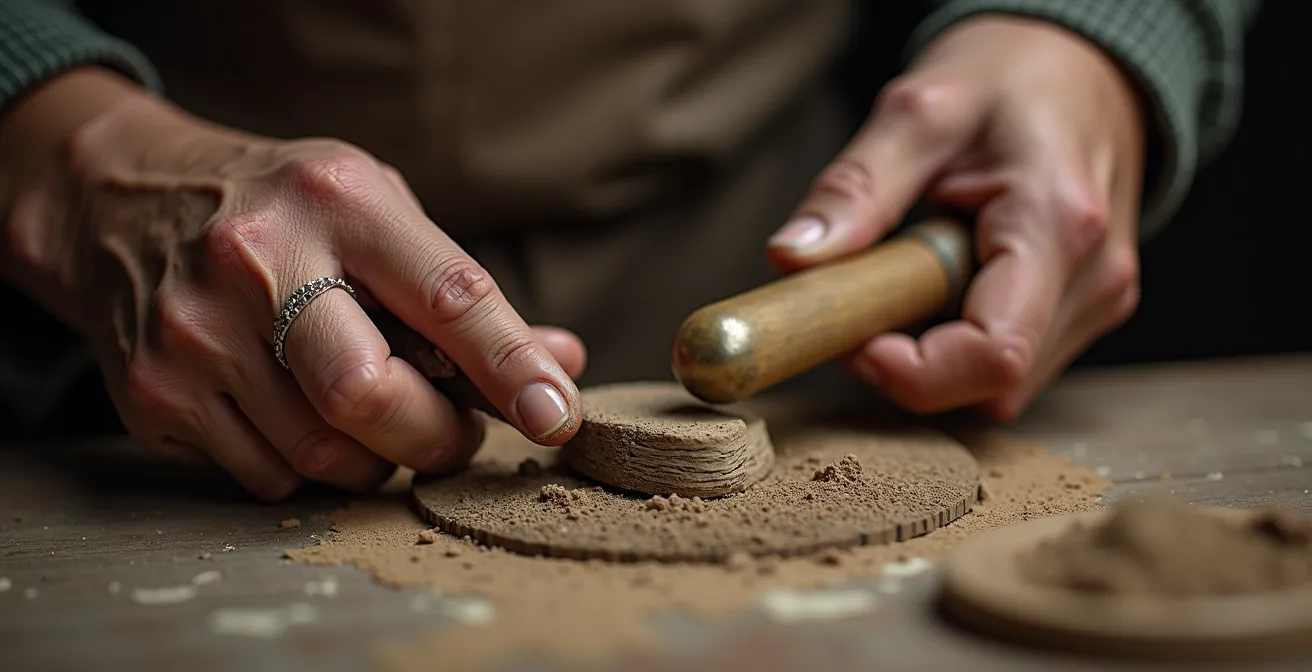 Makroaufnahme historischer Handwerkstechniken mit Fokus auf Materialstrukturen