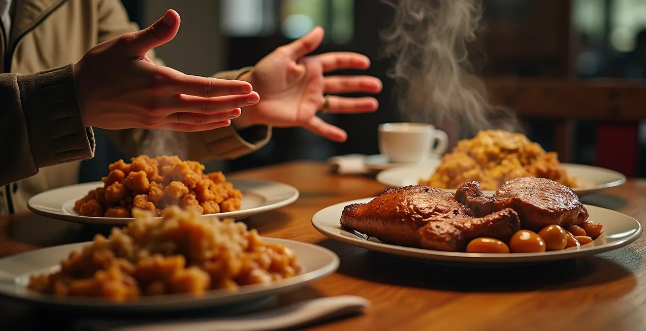 Übervoller rustikaler Holztisch mit dampfenden Tellern deftiger Speisen