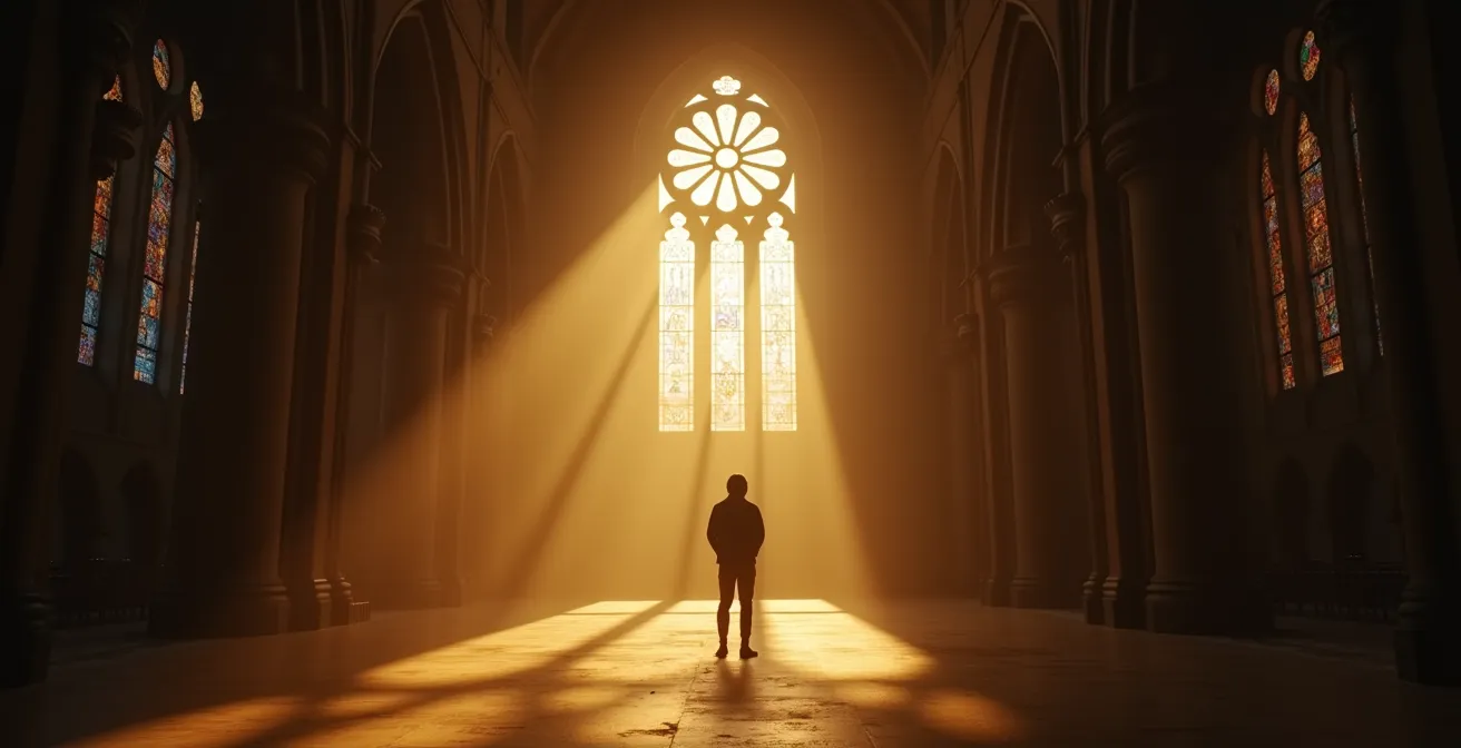 Sonnenlicht durchflutet gotische Kirchenfenster am späten Nachmittag