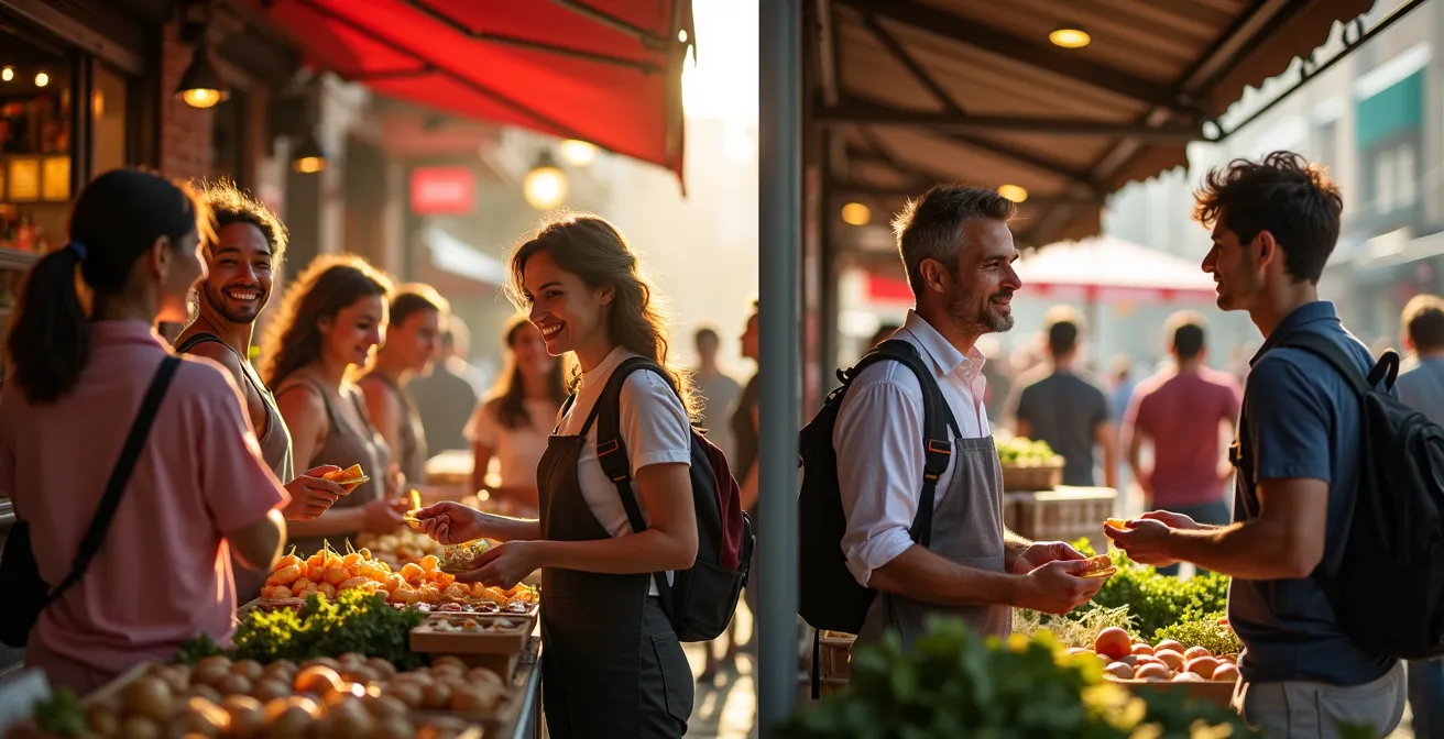 Split-Screen-Darstellung einer lebhaften Gruppentour auf einem Markt links und einer intimen privaten Führung rechts.