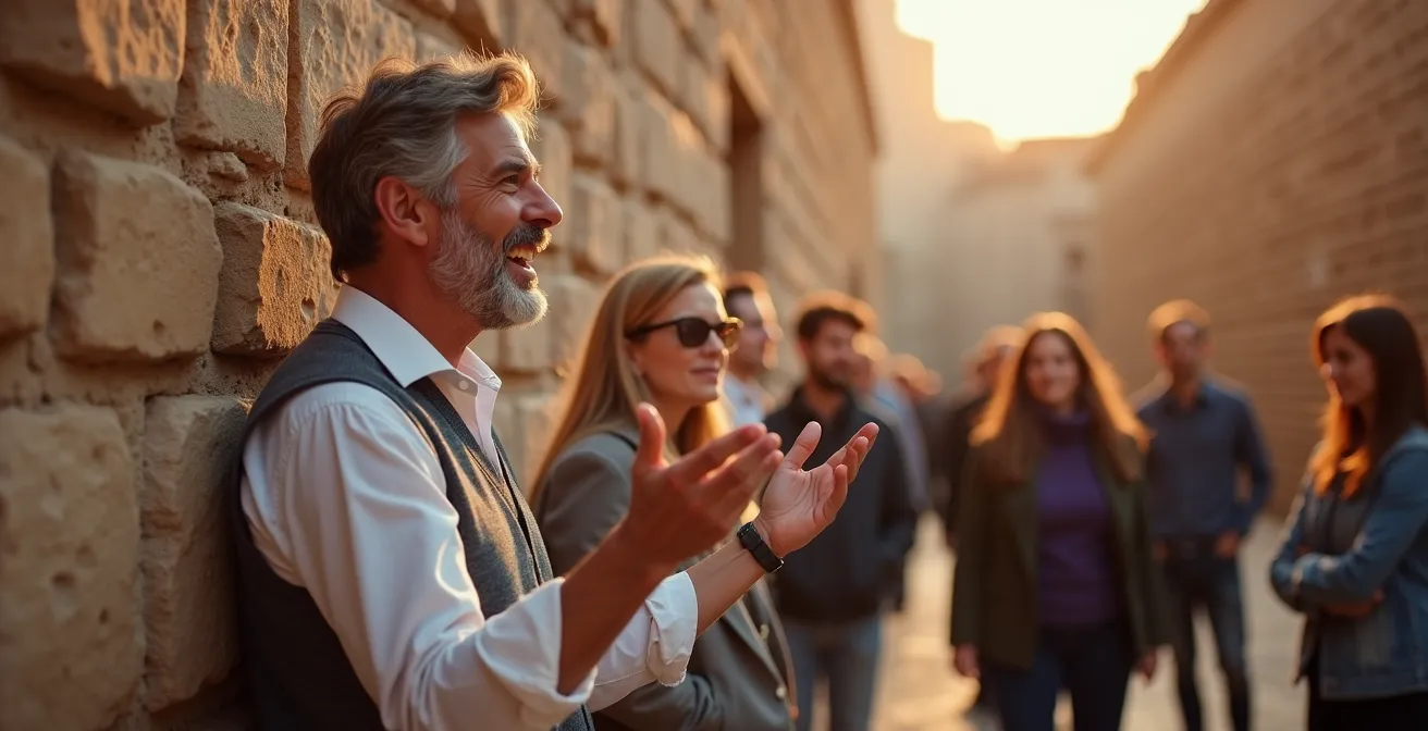 Reiseführer erklärt einer kleinen Gruppe Details an einer historischen Stadtmauer