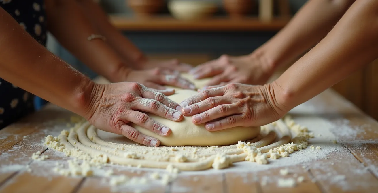 Mehrere Hände verschiedener Generationen kneten gemeinsam Teig in einer rustikalen Küche