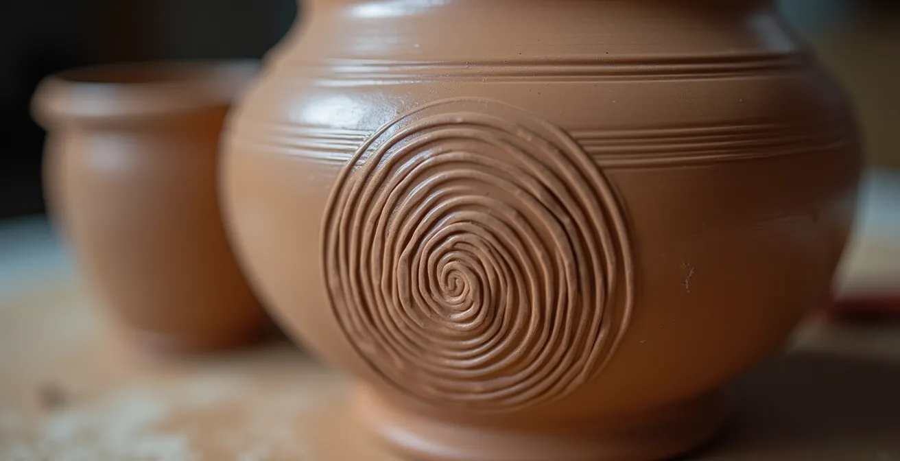 Makroaufnahme von Keramik mit sichtbaren Fingerabdrücken und handwerklichen Spuren