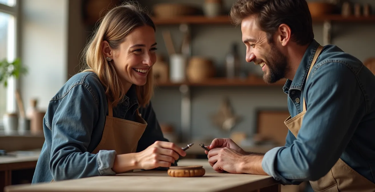 Handwerker erklärt Kunde direkt in der Werkstatt die Produktherstellung
