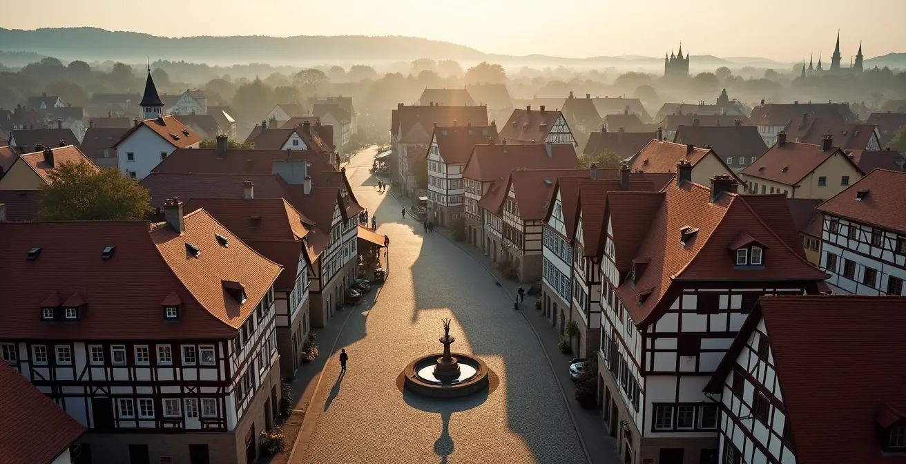 Luftaufnahme einer deutschen Fachwerkstadt mit verschlungenen Gassen und historischen Gebäuden
