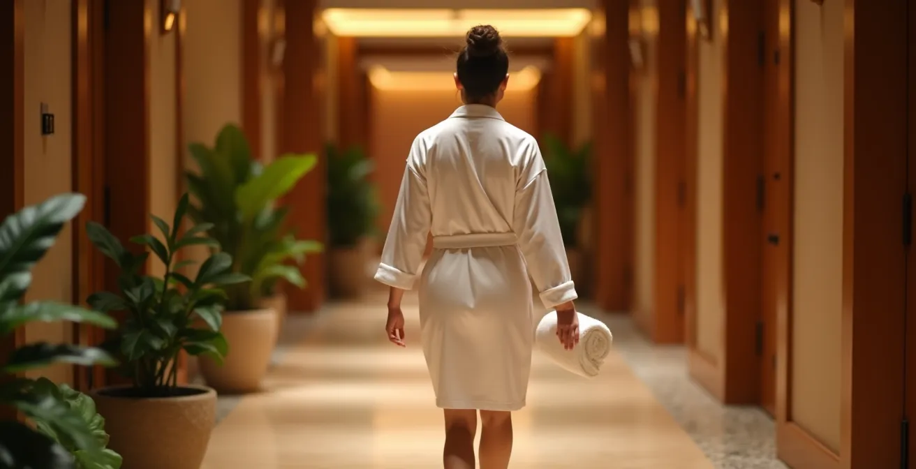 Hotelgast im Bademantel auf dem Weg zum hoteleigenen Spa-Bereich