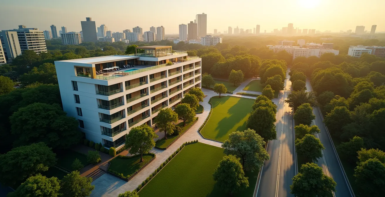 Luftaufnahme eines Hotels mit angrenzendem Stadtpark und Wellnessbereich