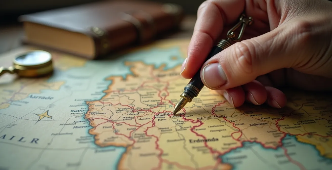 Strategische Reiseplanung mit Karte und historischen Routen