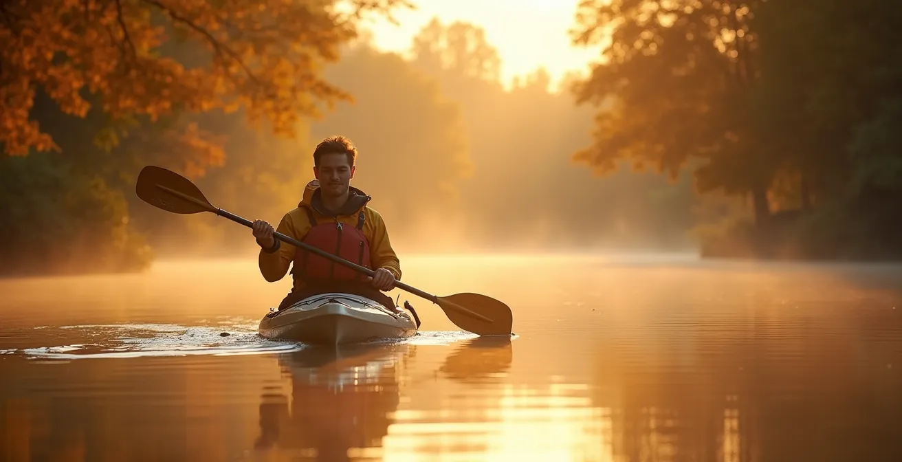 Herbstliche Flusslandschaft mit Kajak bei ruhigem Wetter