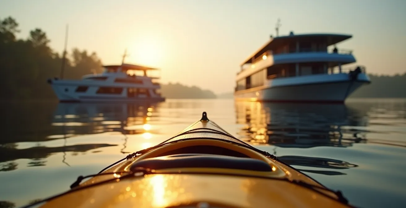 Drei verschiedene Wasserfahrzeuge nebeneinander auf deutschem Fluss