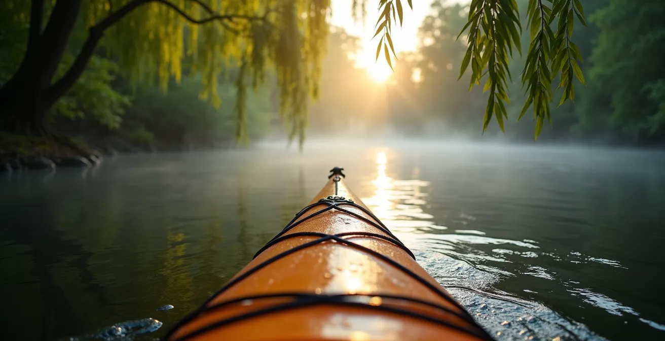 Intime Perspektive aus einem Kajak auf einem ruhigen Fluss