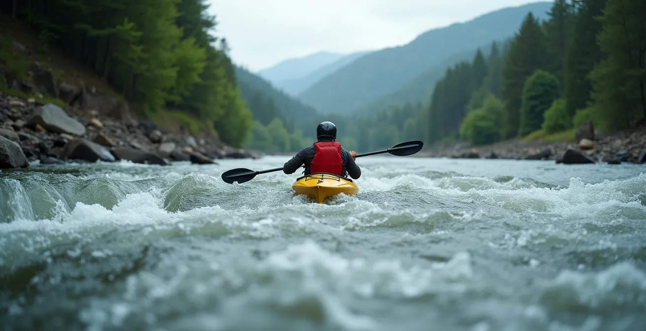 Kajakfahrer navigiert sicher durch moderate Stromschnellen mit korrekter Ausrüstung