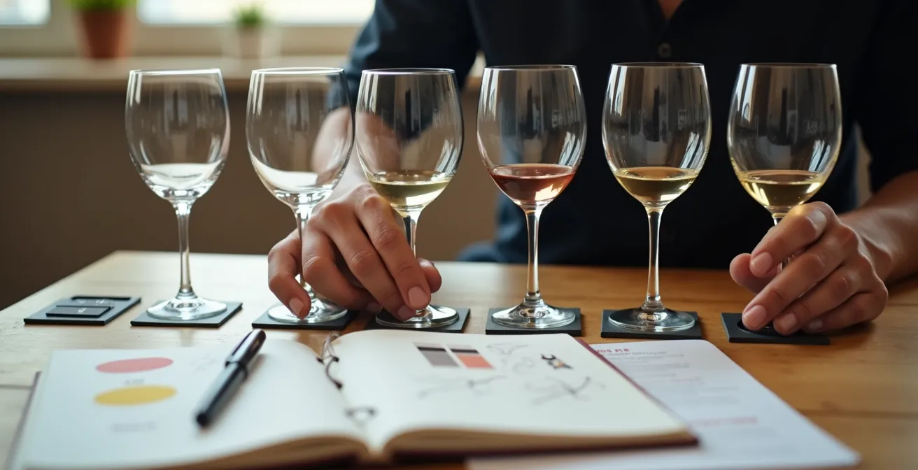 Professionelle Weinverkostung mit sechs nummerierten Gläsern und Notizen