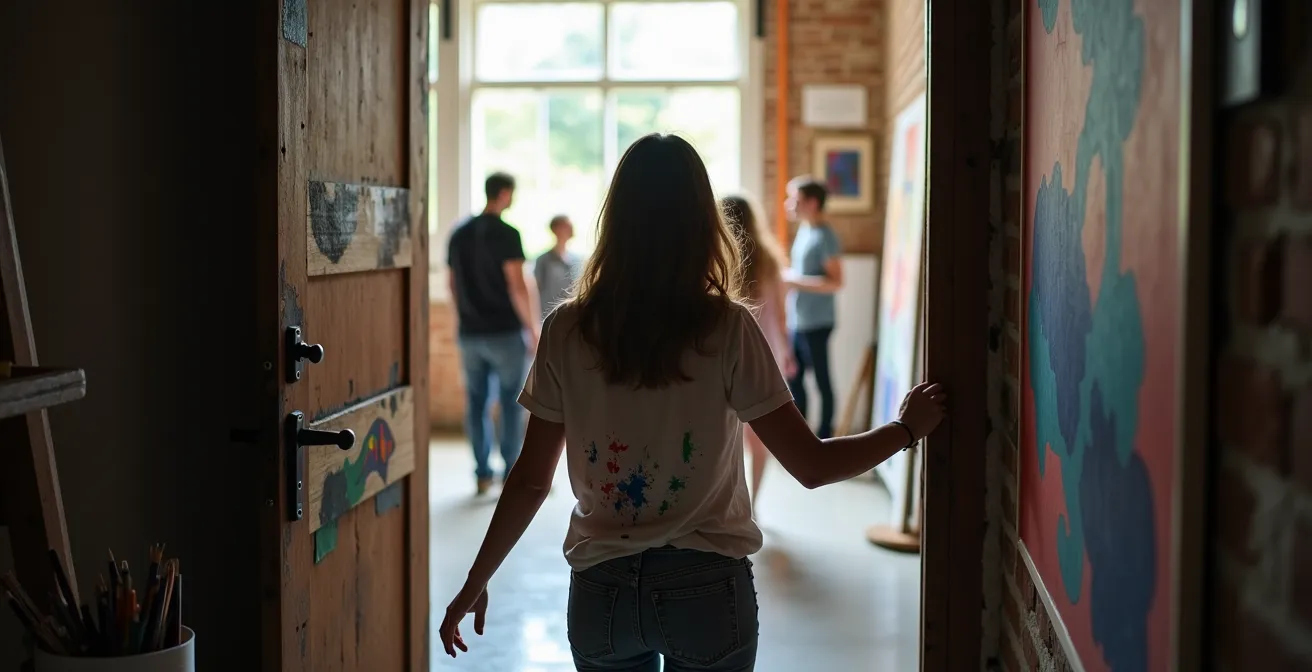 Offene Ateliertür während eines Kunstakademie-Rundgangs