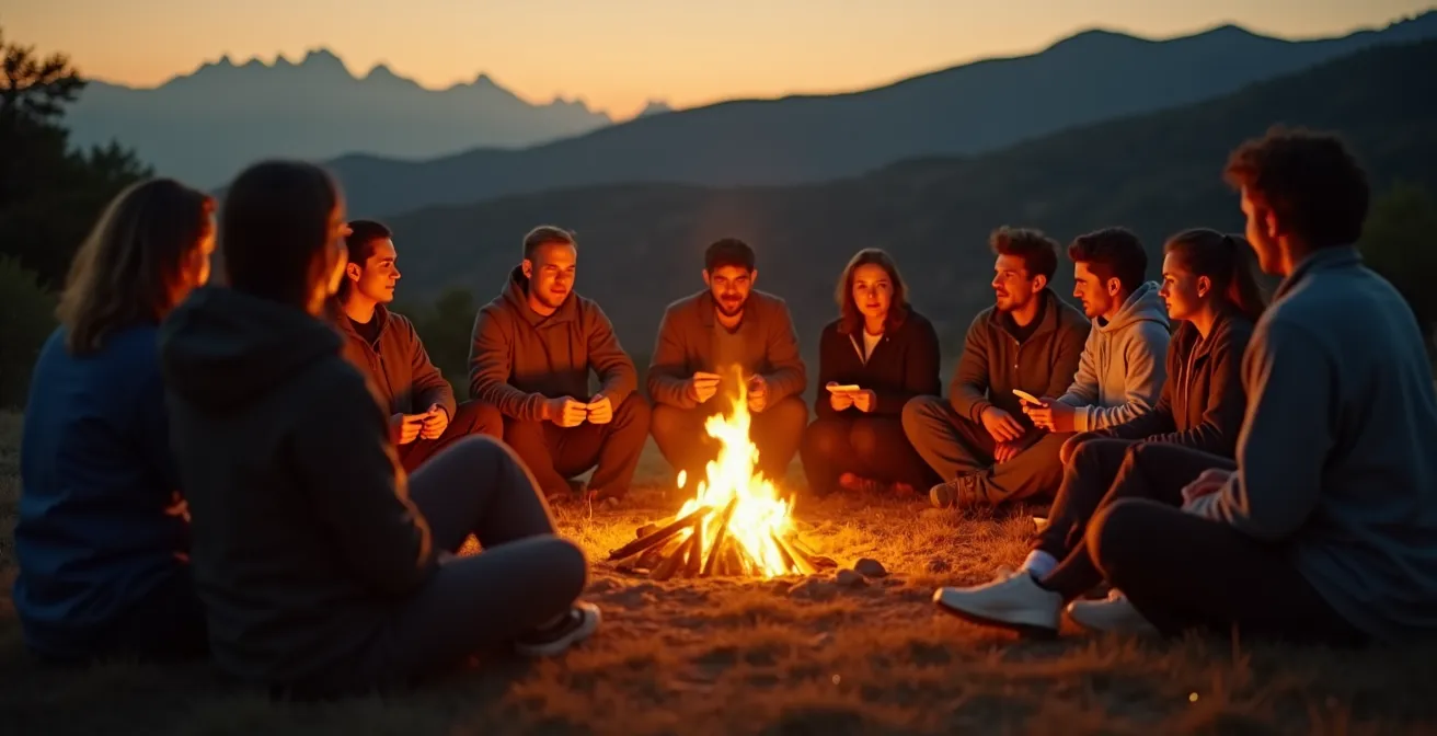 Menschen sitzen im Kreis um ein Lagerfeuer und führen intensive Gespräche bei Sonnenuntergang