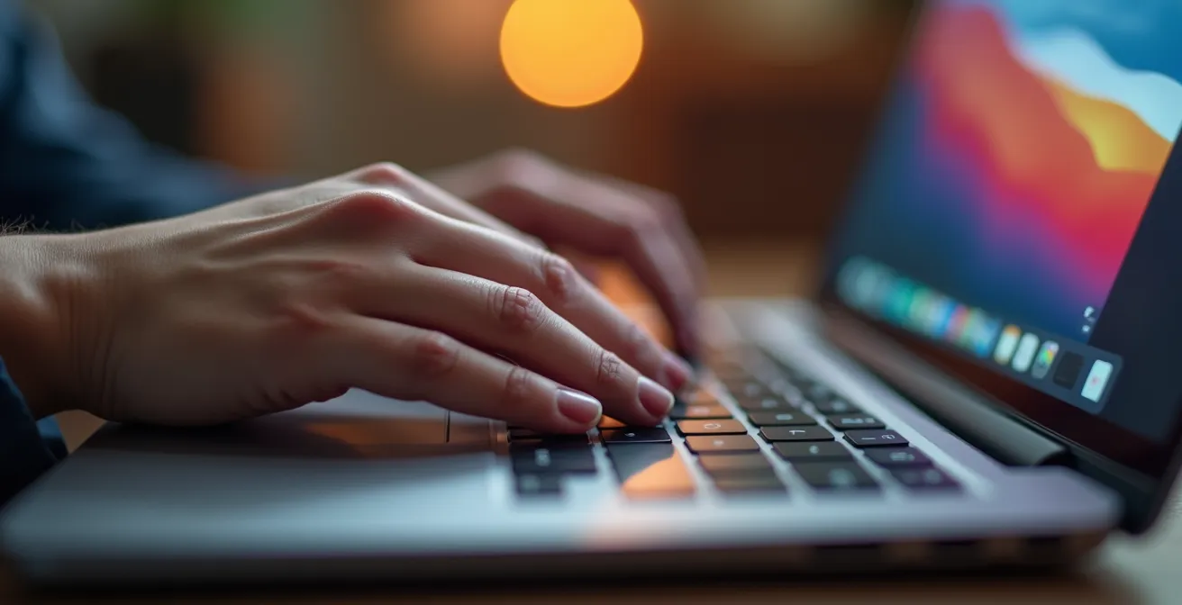 Nahaufnahme einer Hand, die eine umgekehrte Bildersuche auf einem Laptop durchführt, um die Echtheit von Ferienhausfotos zu prüfen