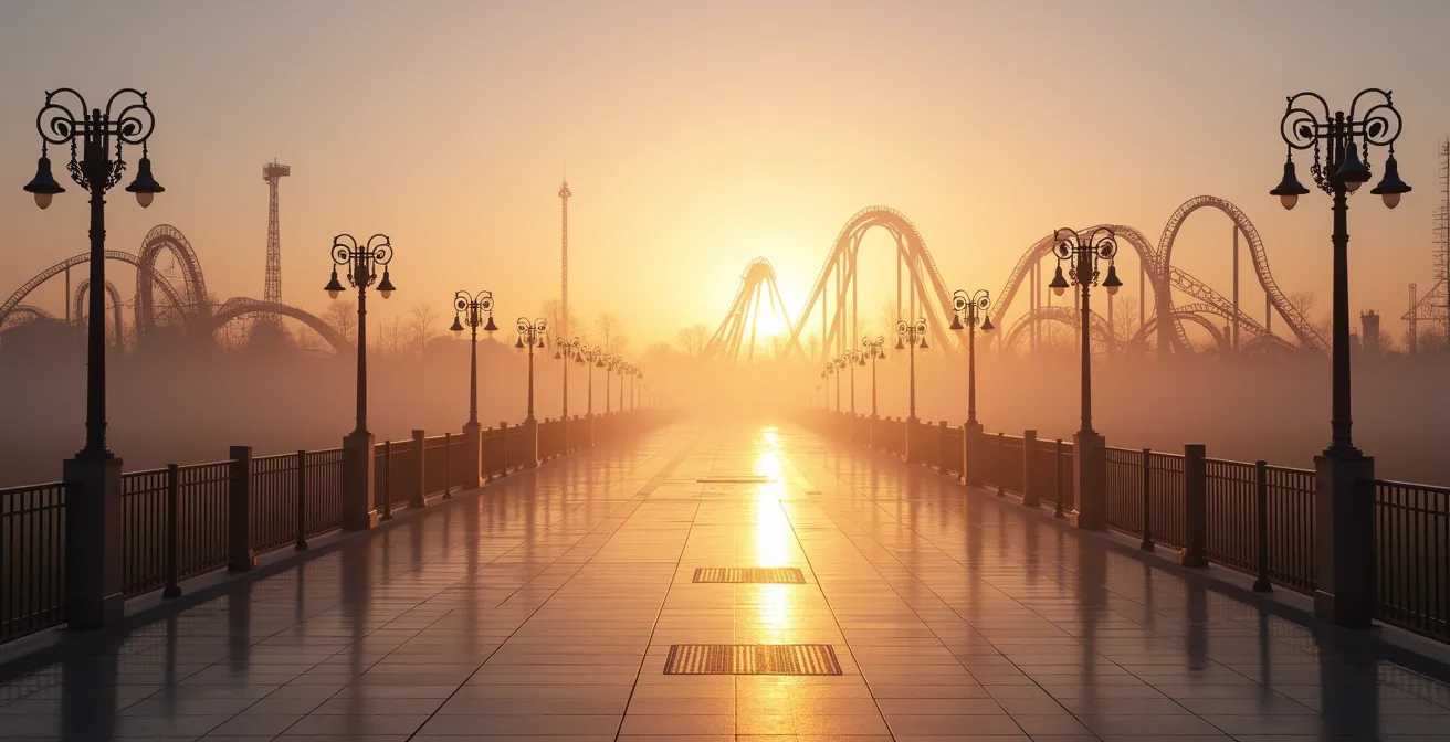 Menschenleerer Themenpark am frühen Morgen mit dramatischem Nebel