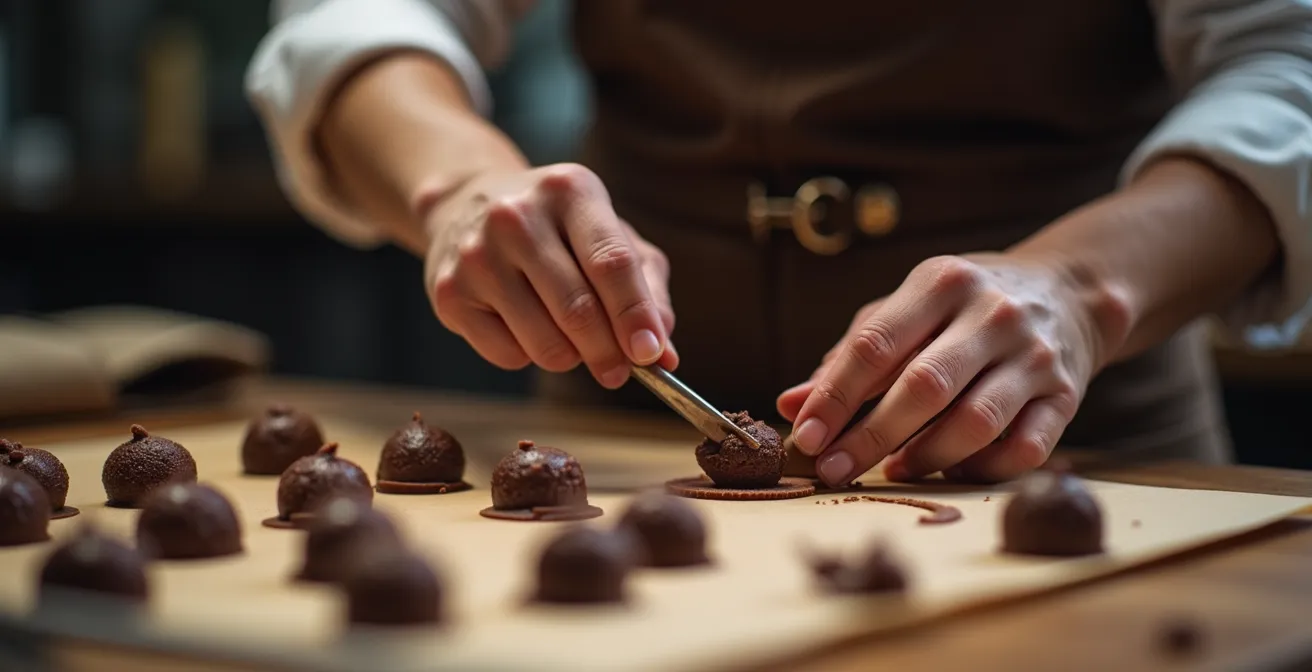 Meisterkonditor bei der handwerklichen Pralinenherstellung