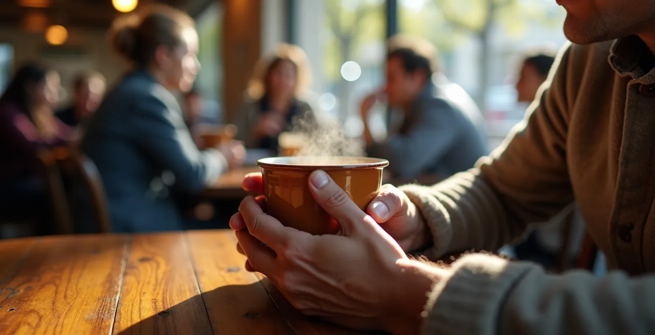 Nahaufnahme von Händen mit Kaffeetasse in einem lokalen Café mit verschwommenem Hintergrund