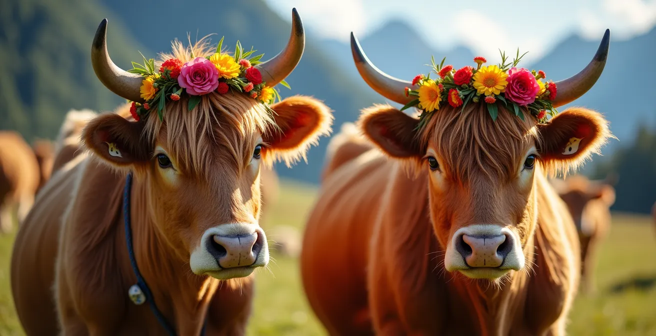 Geschmückte Kühe beim traditionellen Almabtrieb im Spätsommer