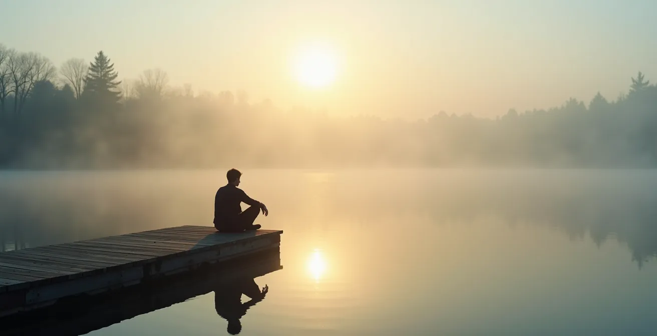 Mystischer Morgennebel über spiegelglattem See bei Sonnenaufgang