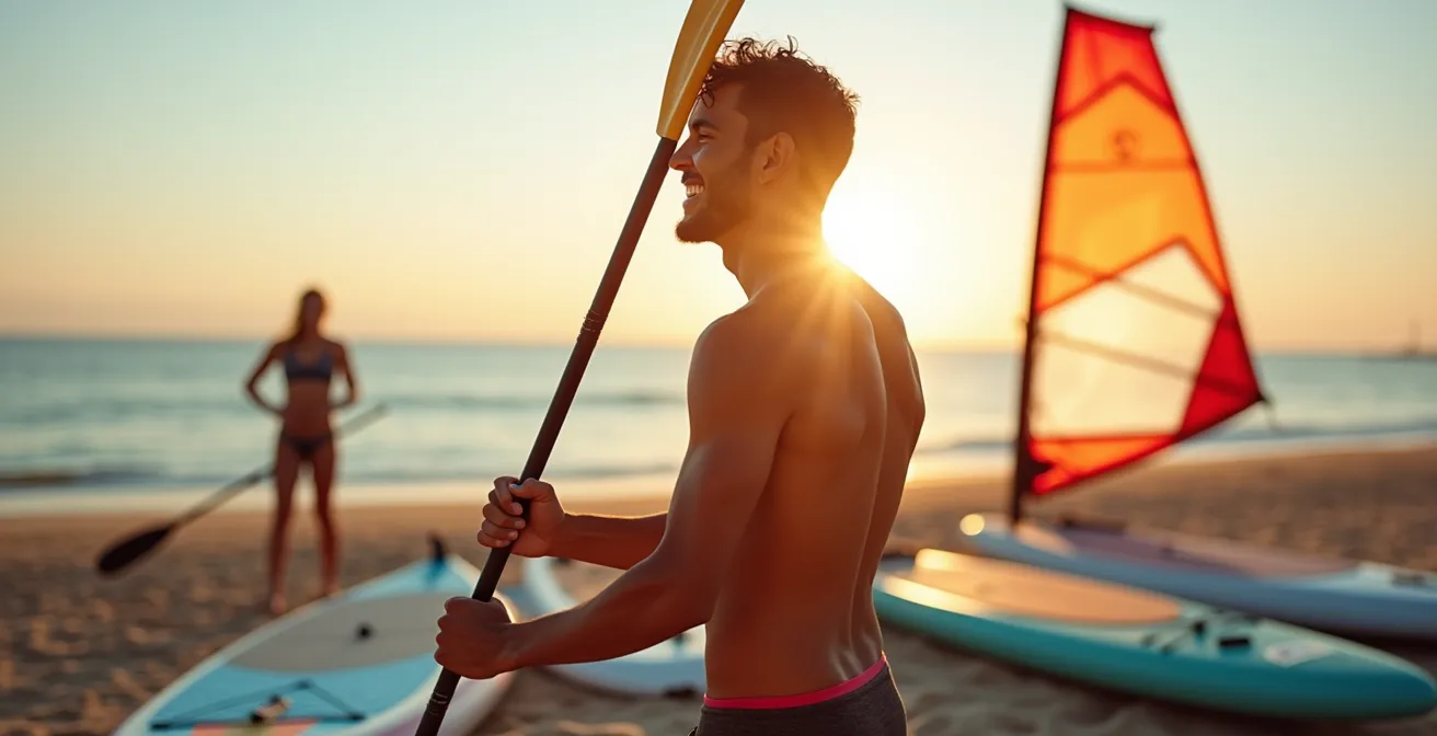 Wassersportler wechselt zwischen verschiedenen Sportarten je nach Wetterbedingungen