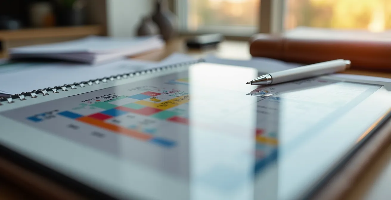 Aufgeräumter Schreibtisch mit Tablet, Notizbuch und Reisedokumenten