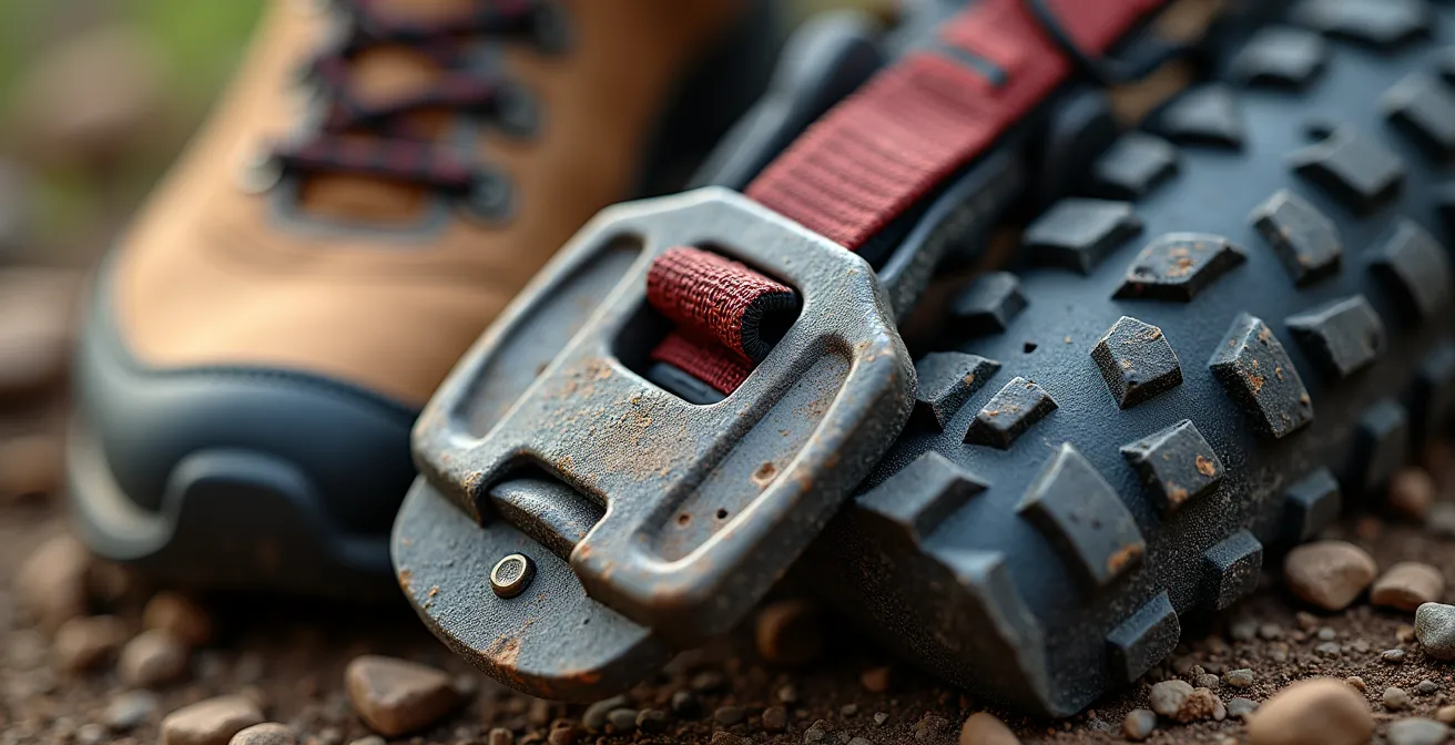 Makroaufnahme verschiedener Outdoor-Ausrüstungen zeigt Details von Wanderschuh, Klettergurt und Mountainbike-Pedal