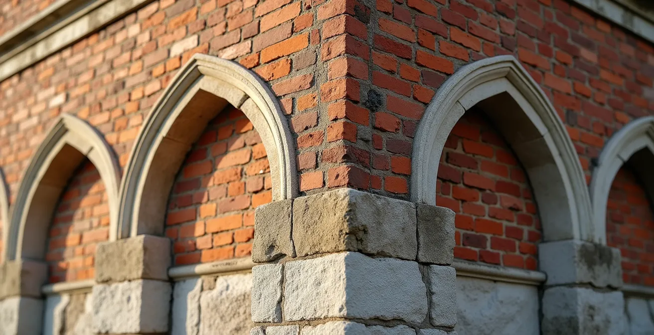 Gebäudefassade zeigt verschiedene Bauepochen vom romanischen Fundament bis zur modernen Ergänzung