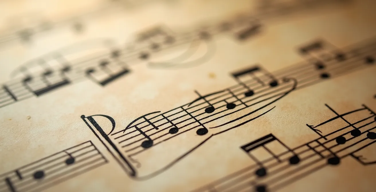 Makroaufnahme handgeschriebener Musiknoten auf antikem Papier