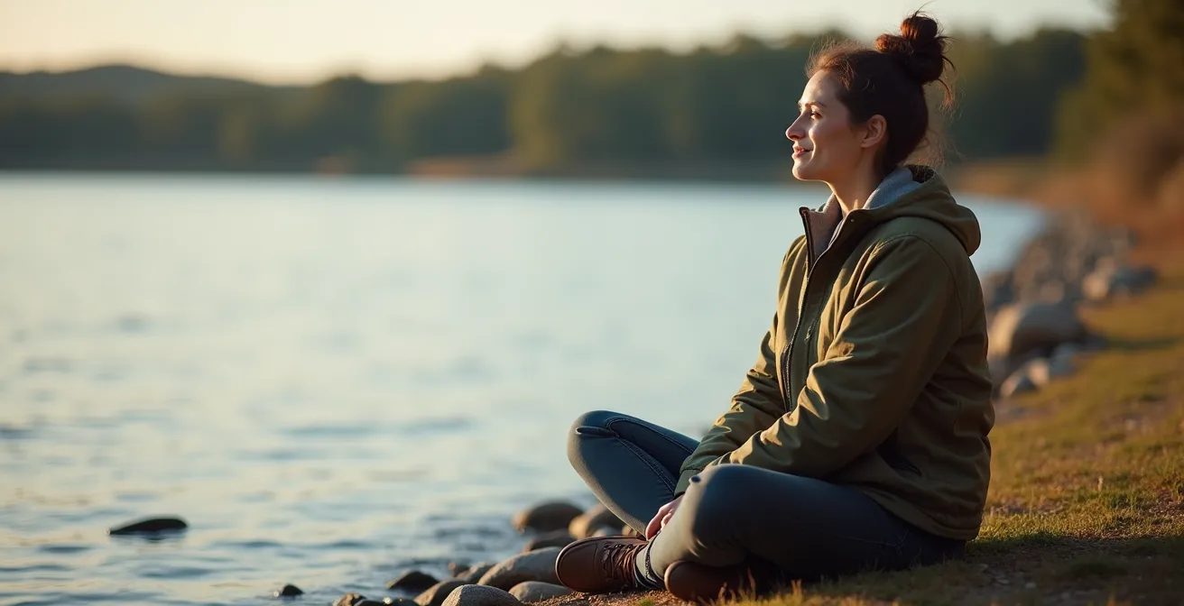 Person sitzt ruhig am Seeufer in meditativer Haltung