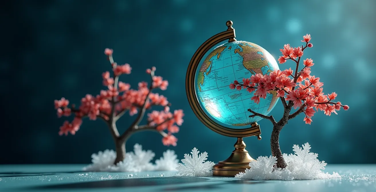 Abstrakte Darstellung einer Weltkarte mit saisonalen Naturphänomenen