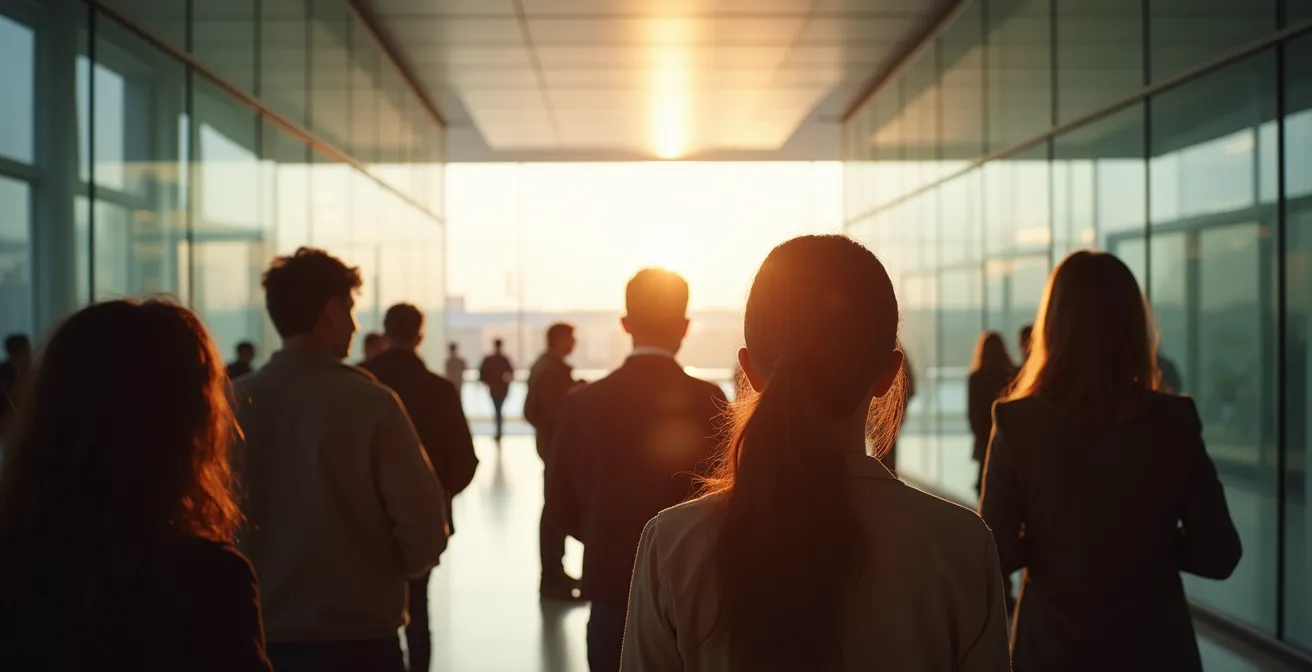 Besucher betrachten moderne Architektur während einer Führung