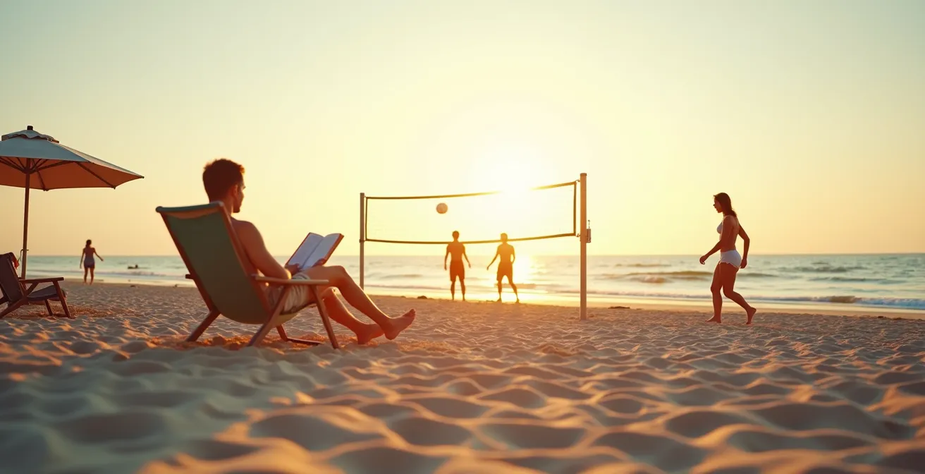 Verschiedene Menschen mit unterschiedlichen Aktivitäten an einem Strand, was die verschiedenen Bedürfnisse innerhalb einer Gruppe symbolisiert.